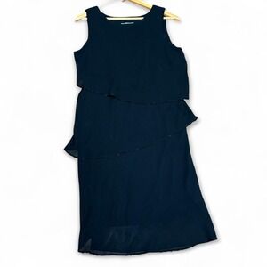 Los Angeles Gal Vintage Whimsigoth 12 Black Tiered‎ Beaded Cocktail Midi Dress